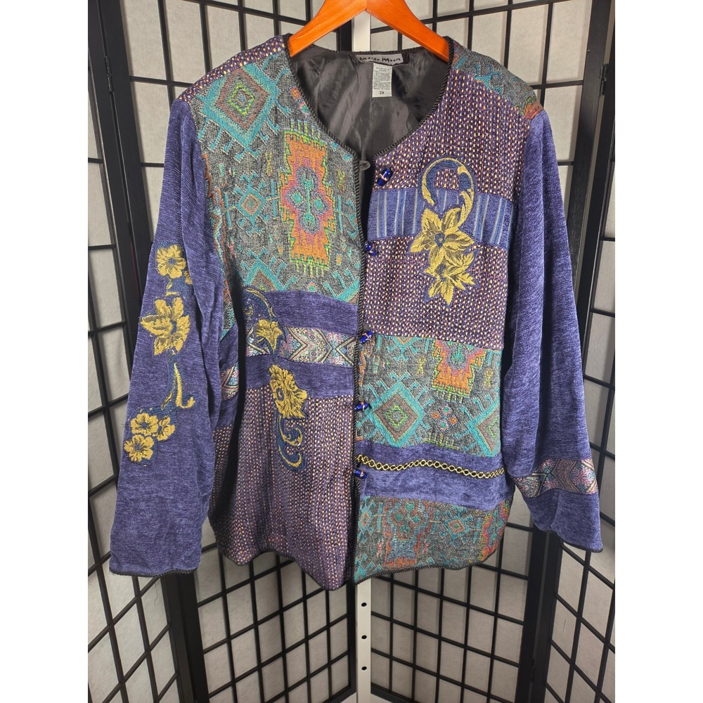 Indigo Moon Art to Wear Boho Folk Patchwork Jacket 2X Tapestry Floral Embroidery
